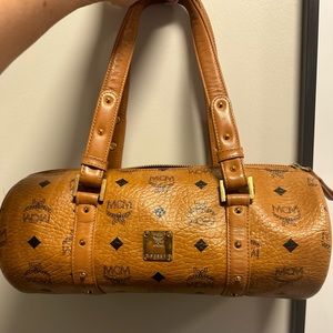 MCM Cognac Signature Studded Barrel Bag